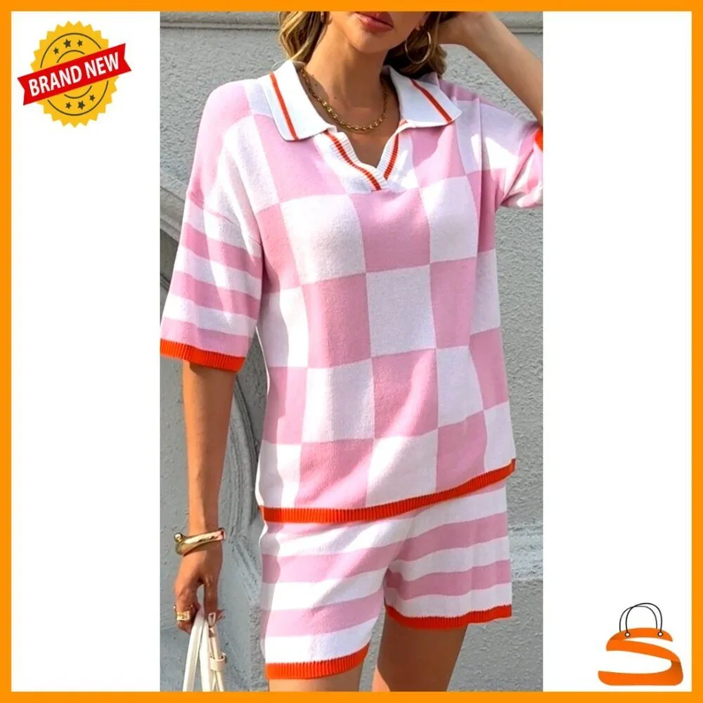 Medium Knit Lounge Set V-Neck Top Shorts Matching 2-Piece Outfit